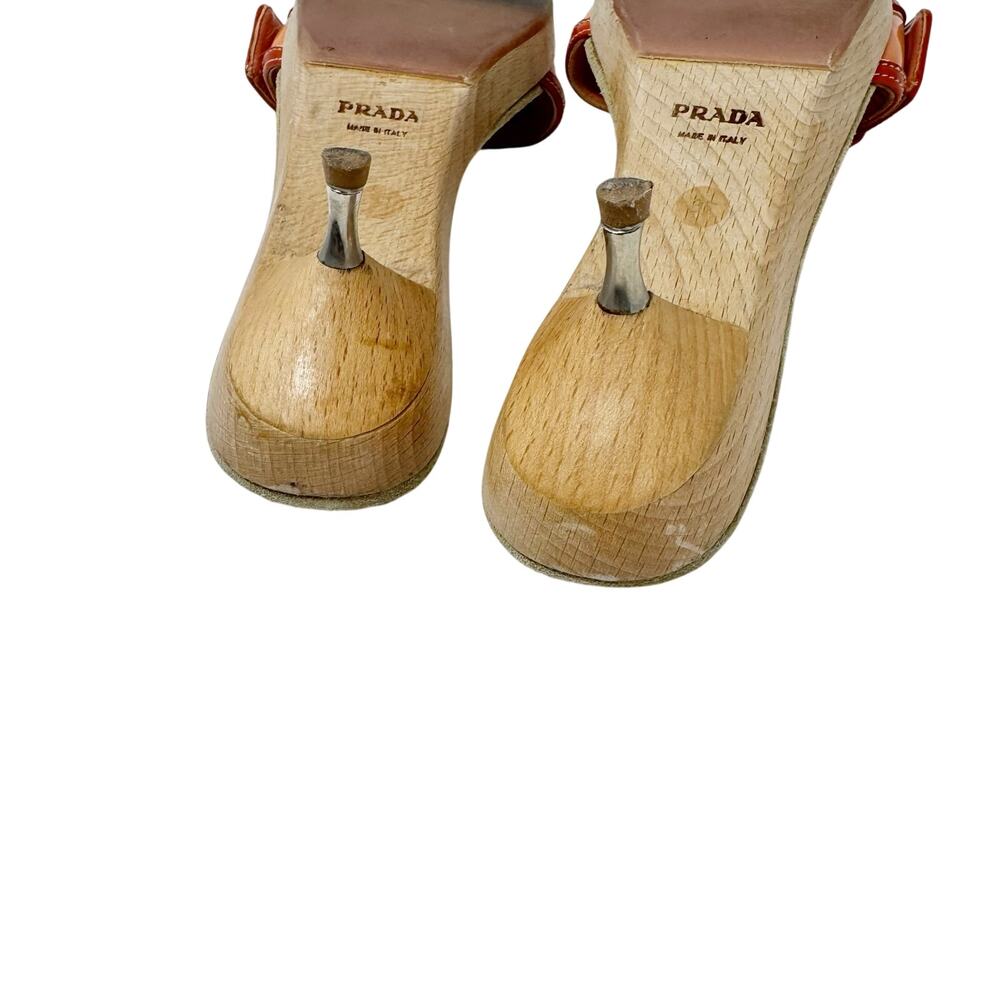 Prada Vintage Wood Platform Kitten Mule Orange Patent Buckle Studded EU 37 Y2K - Picture 8 of 8